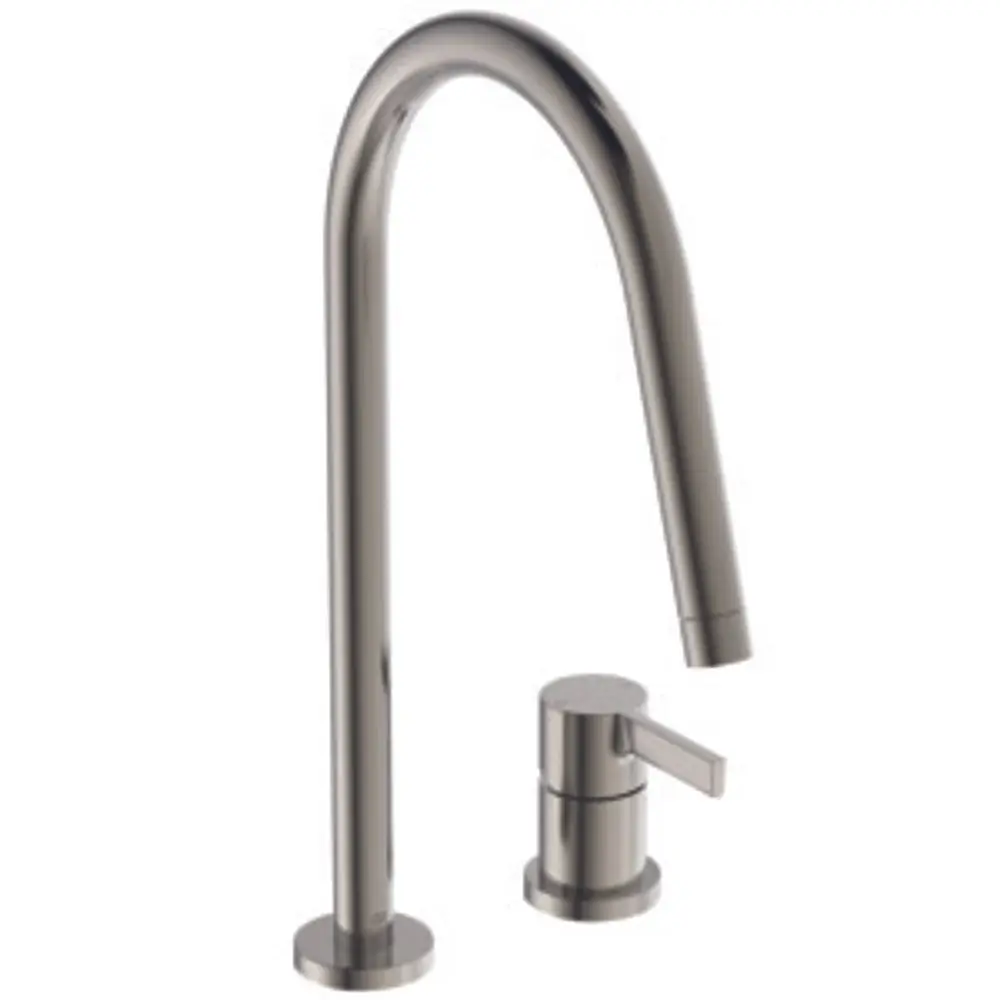 Küchenarmatur aus Edelstahl mit hohem, gebogenem Auslauf und separatem Bedienhebel. Ideal Standard-Design für moderne Küchen.